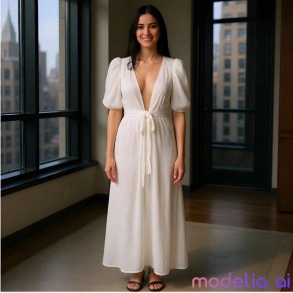 Antonio Melani Eyelet Dress Swim Cover-Up White Maxi Front Knot 1 Size Puffy Slv - Picture 1 of 5